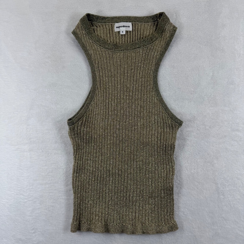 superdown Gold Metallic Ribbed Knit High Neck Tank Top Small Party Shimmer